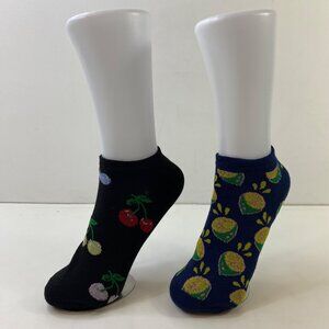 Womens Ankle Socks Set 2 Cherry Lemon Lime Print Black Yellow Green Red Pink